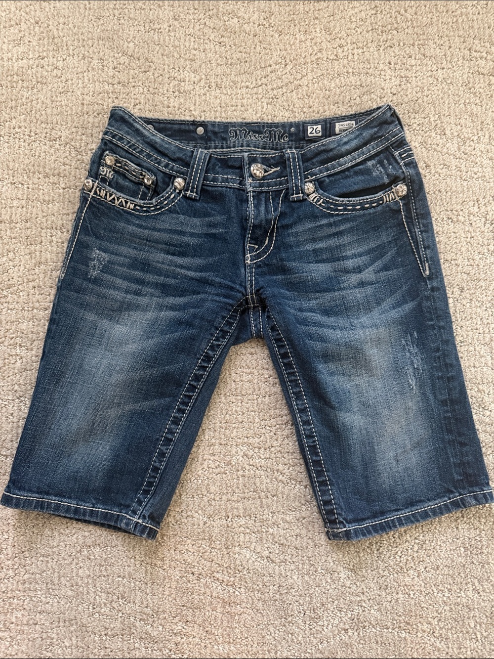 Miss Me Mid-Length Dark Blue Denim Bermuda Shorts
